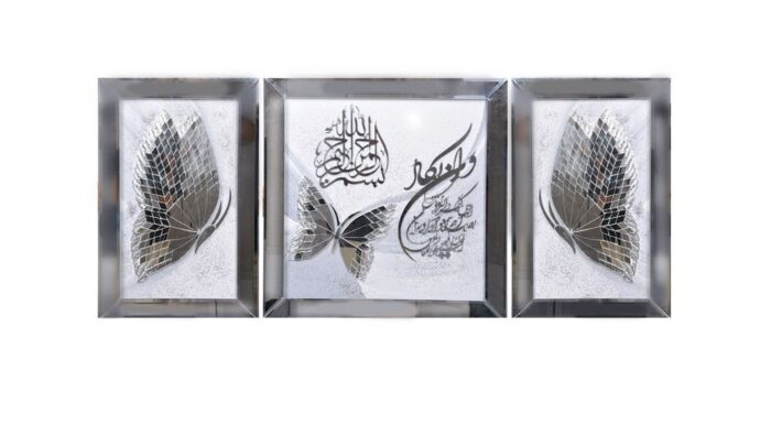 تابلو 3 تکه طرح تکسچر و آینه کاری پروانه رنگ سیلور - Image 1